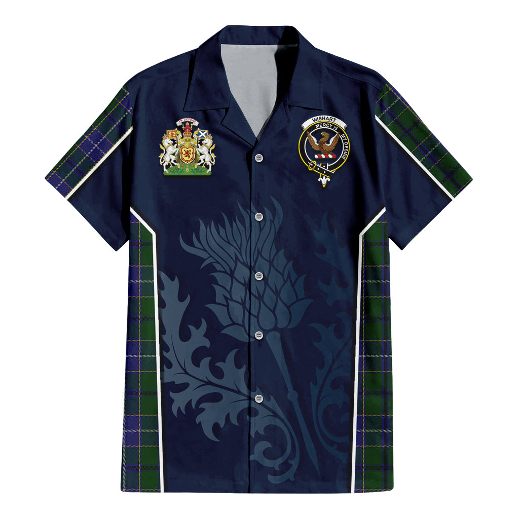 Tartan Vibes Clothing Wishart Hunting Tartan Short Sleeve Button Up Shirt with Family Crest and Scottish Thistle Vibes Sport Style