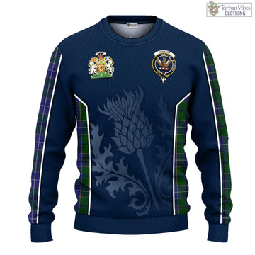 Wishart Hunting Tartan Knitted Sweatshirt with Family Crest and Scottish Thistle Vibes Sport Style