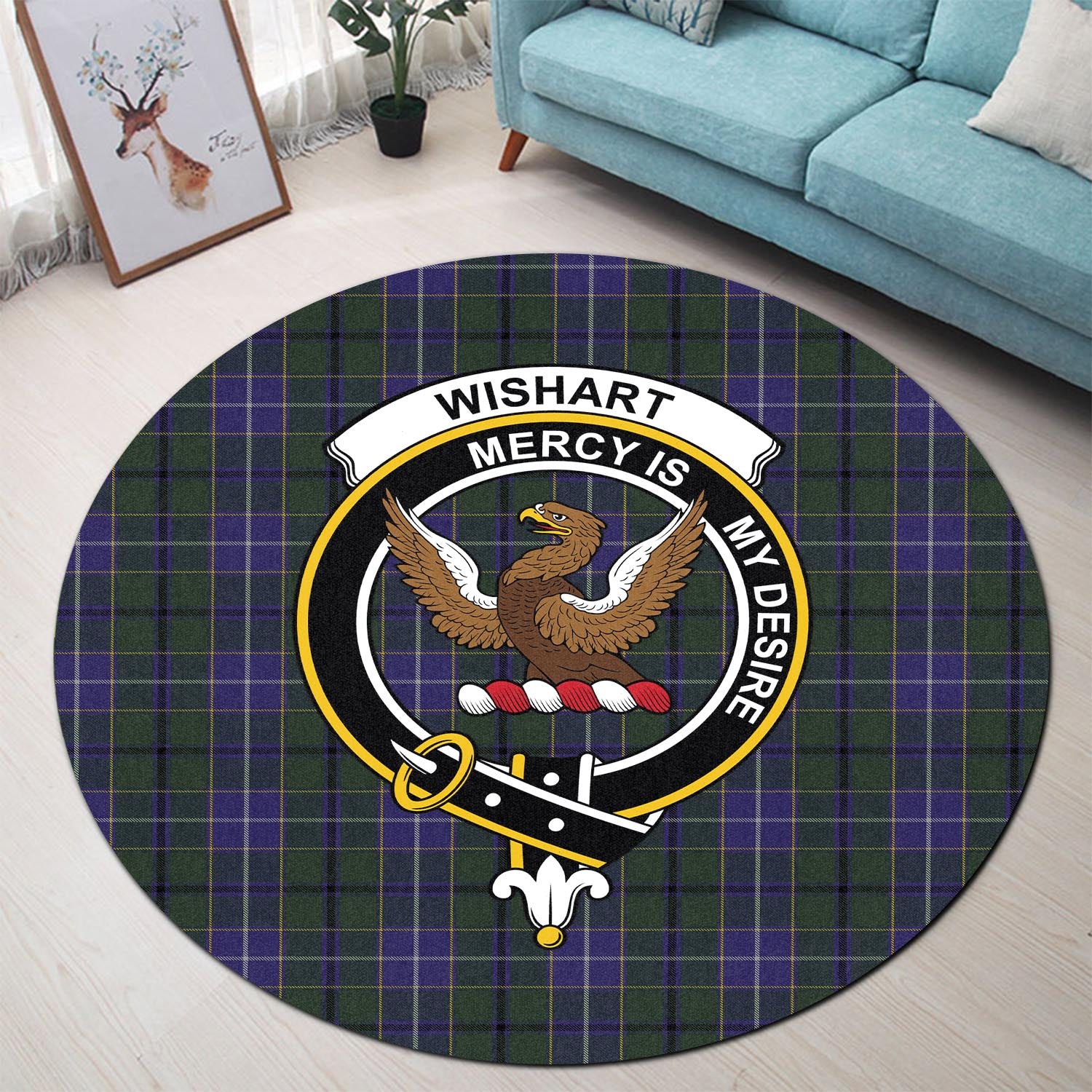 wishart-hunting-tartan-round-rug-with-family-crest