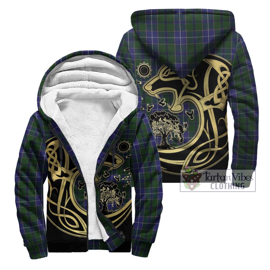 Tartan Vibes Clothing Wishart Hunting Tartan Sherpa Hoodie with Family Crest Celtic Wolf Style