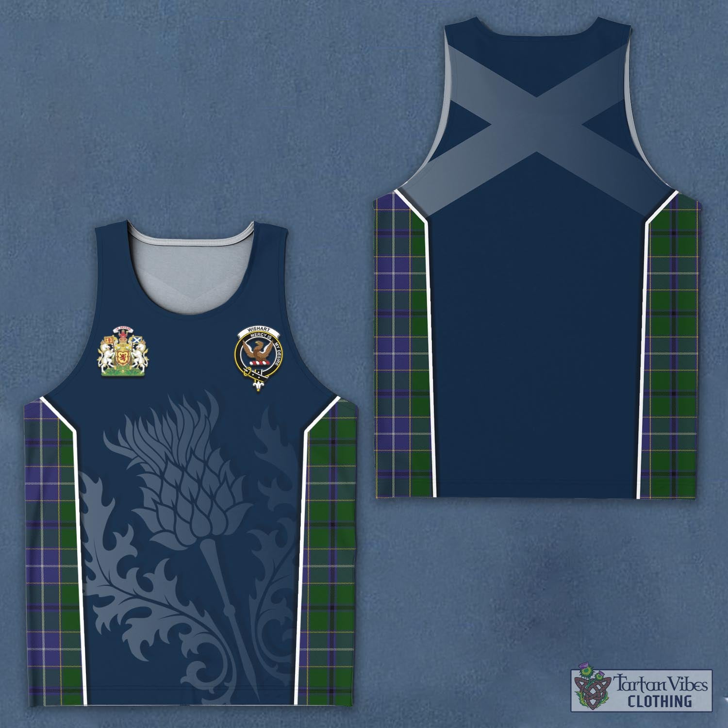 Tartan Vibes Clothing Wishart Hunting Tartan Men's Tanks Top with Family Crest and Scottish Thistle Vibes Sport Style