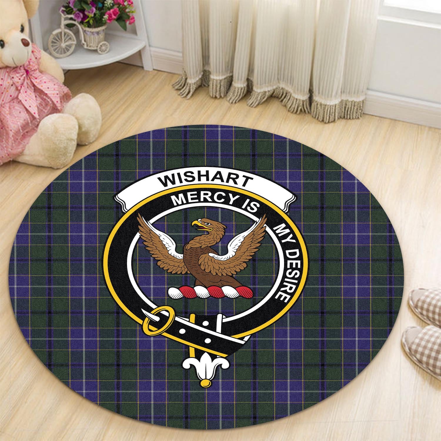 wishart-hunting-tartan-round-rug-with-family-crest