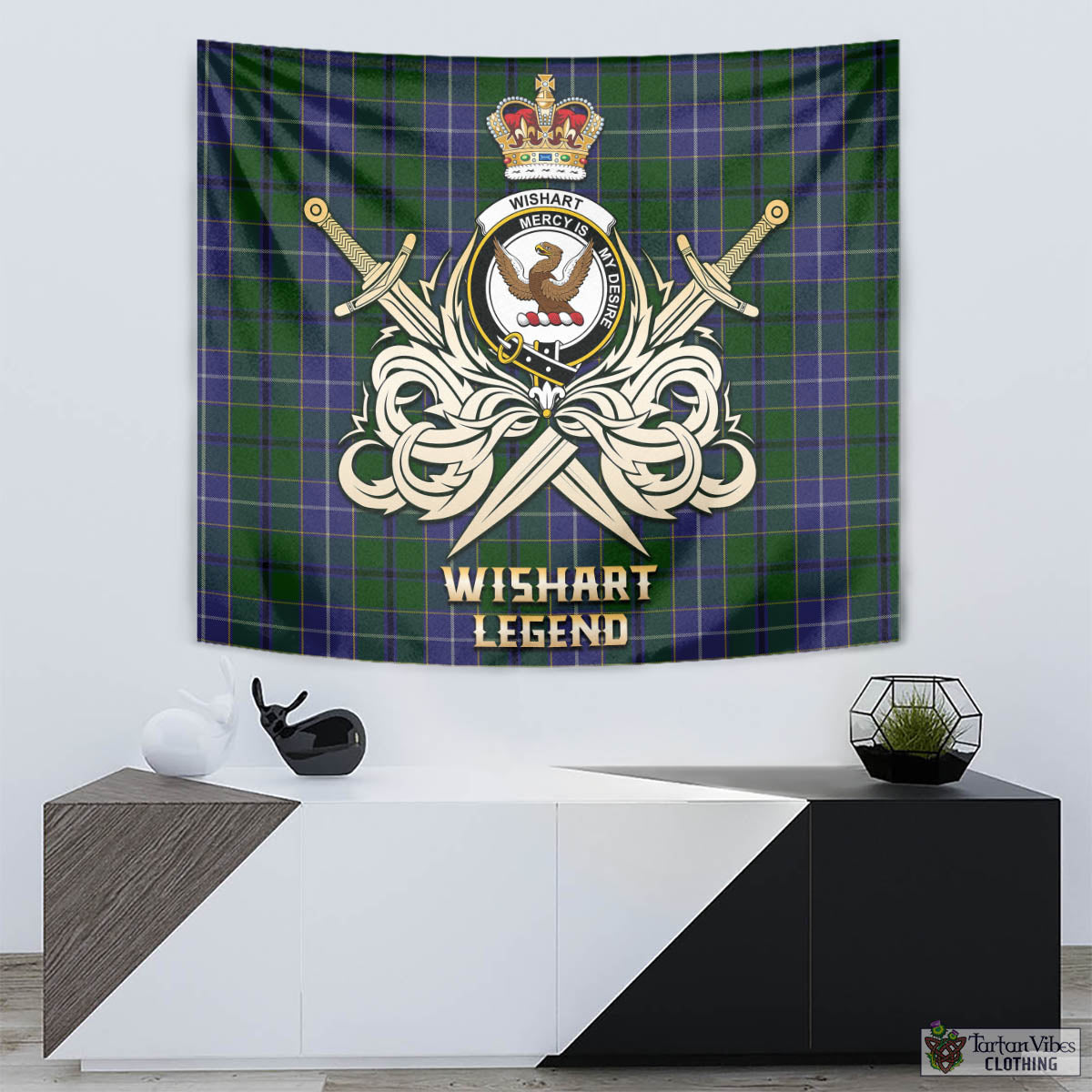 Tartan Vibes Clothing Wishart Hunting Tartan Tapestry with Clan Crest and the Golden Sword of Courageous Legacy