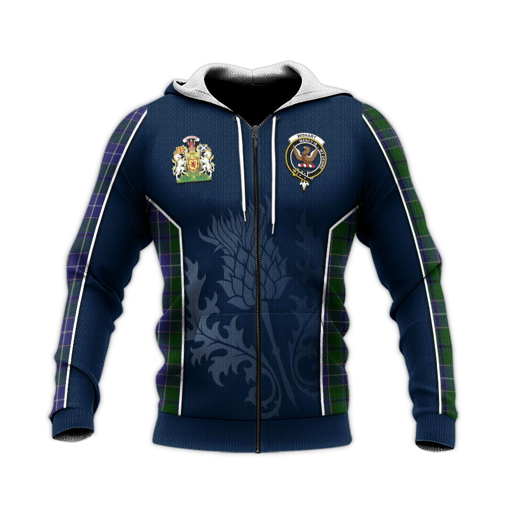 Tartan Vibes Clothing Wishart Hunting Tartan Knitted Hoodie with Family Crest and Scottish Thistle Vibes Sport Style