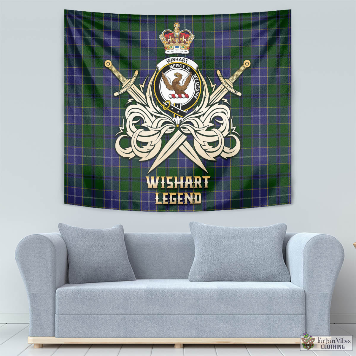 Tartan Vibes Clothing Wishart Hunting Tartan Tapestry with Clan Crest and the Golden Sword of Courageous Legacy