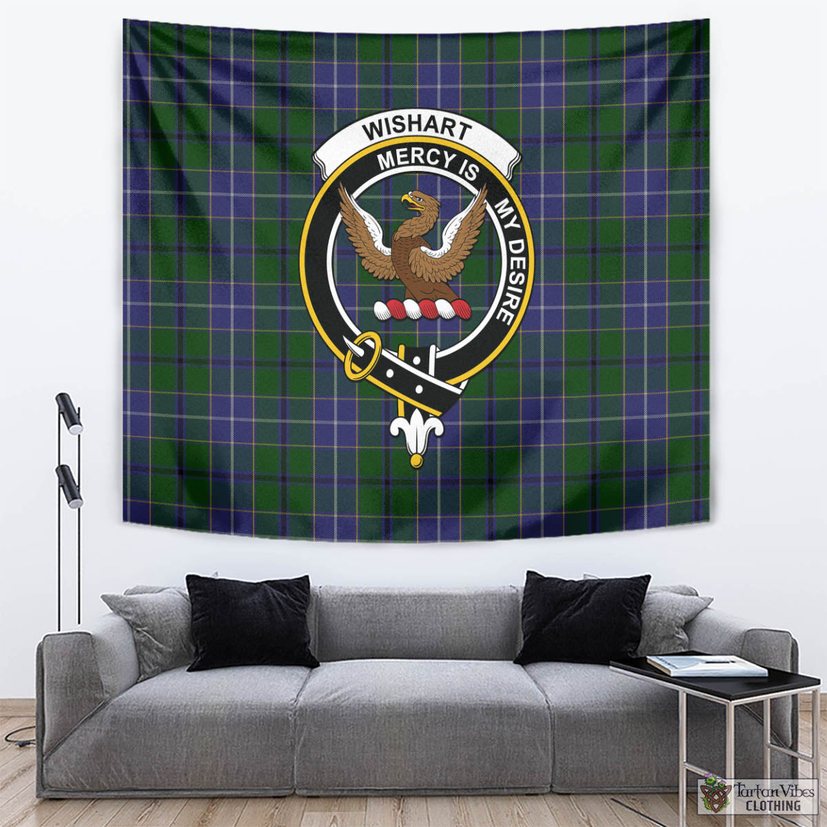 Tartan Vibes Clothing Wishart Hunting Tartan Tapestry Wall Hanging and Home Decor for Room with Family Crest