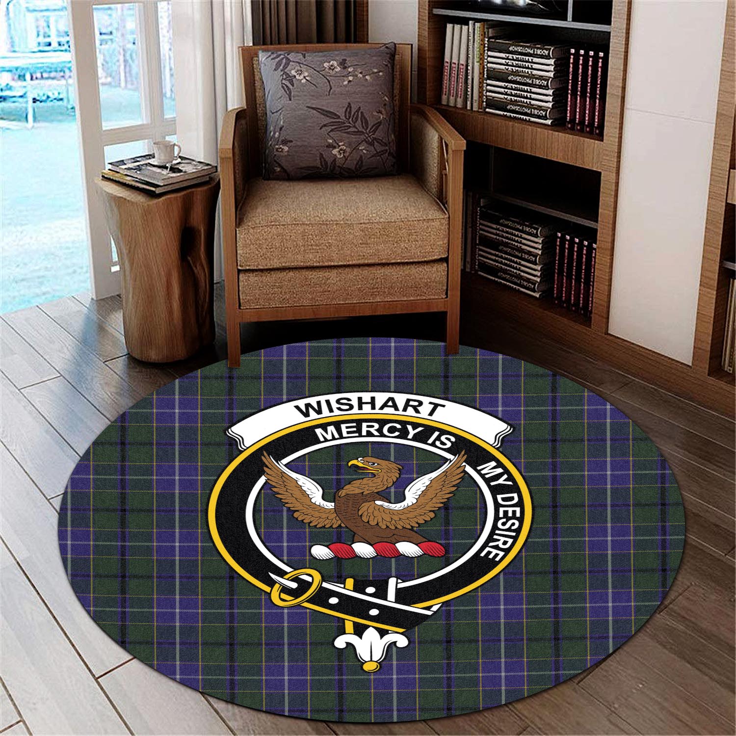 wishart-hunting-tartan-round-rug-with-family-crest