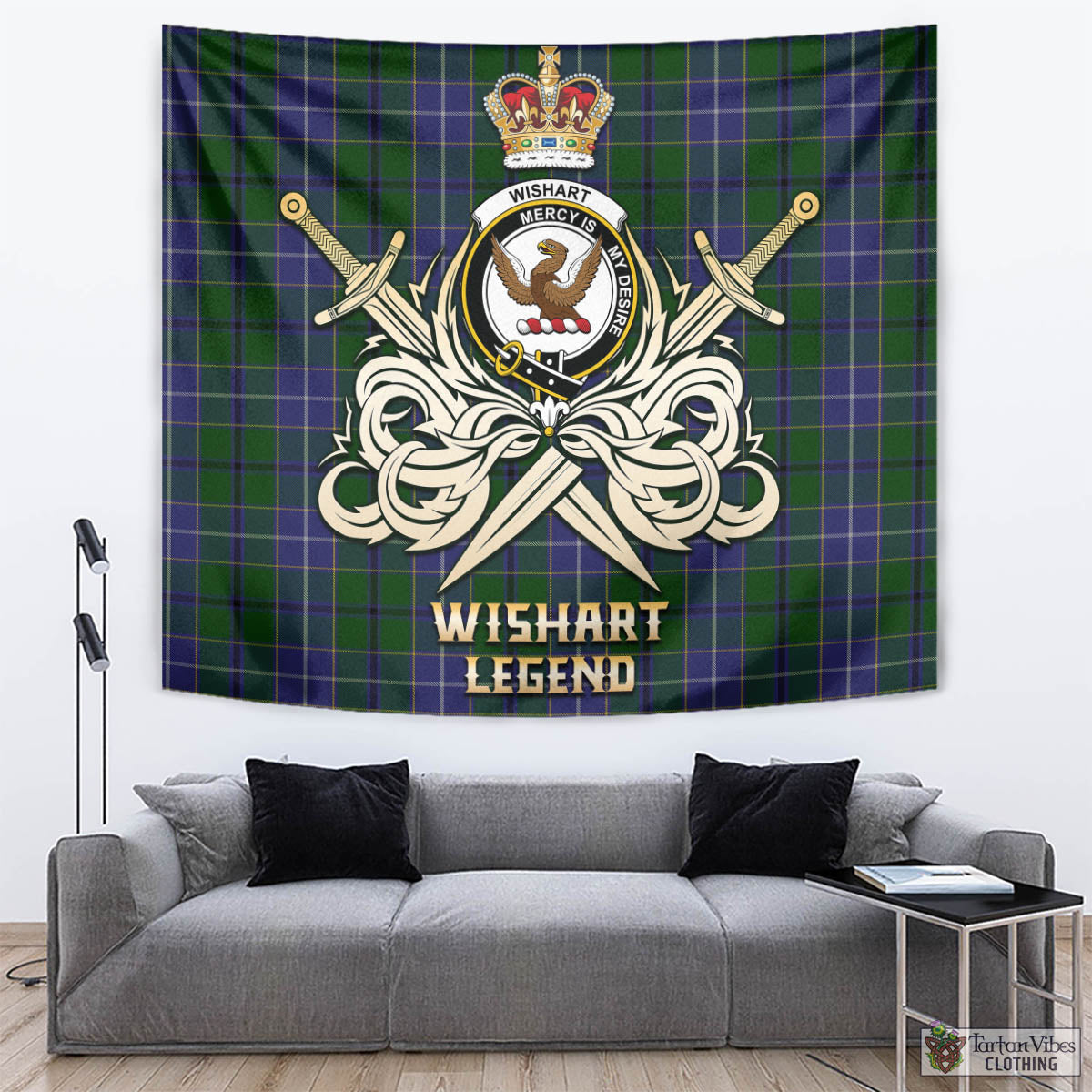 Tartan Vibes Clothing Wishart Hunting Tartan Tapestry with Clan Crest and the Golden Sword of Courageous Legacy