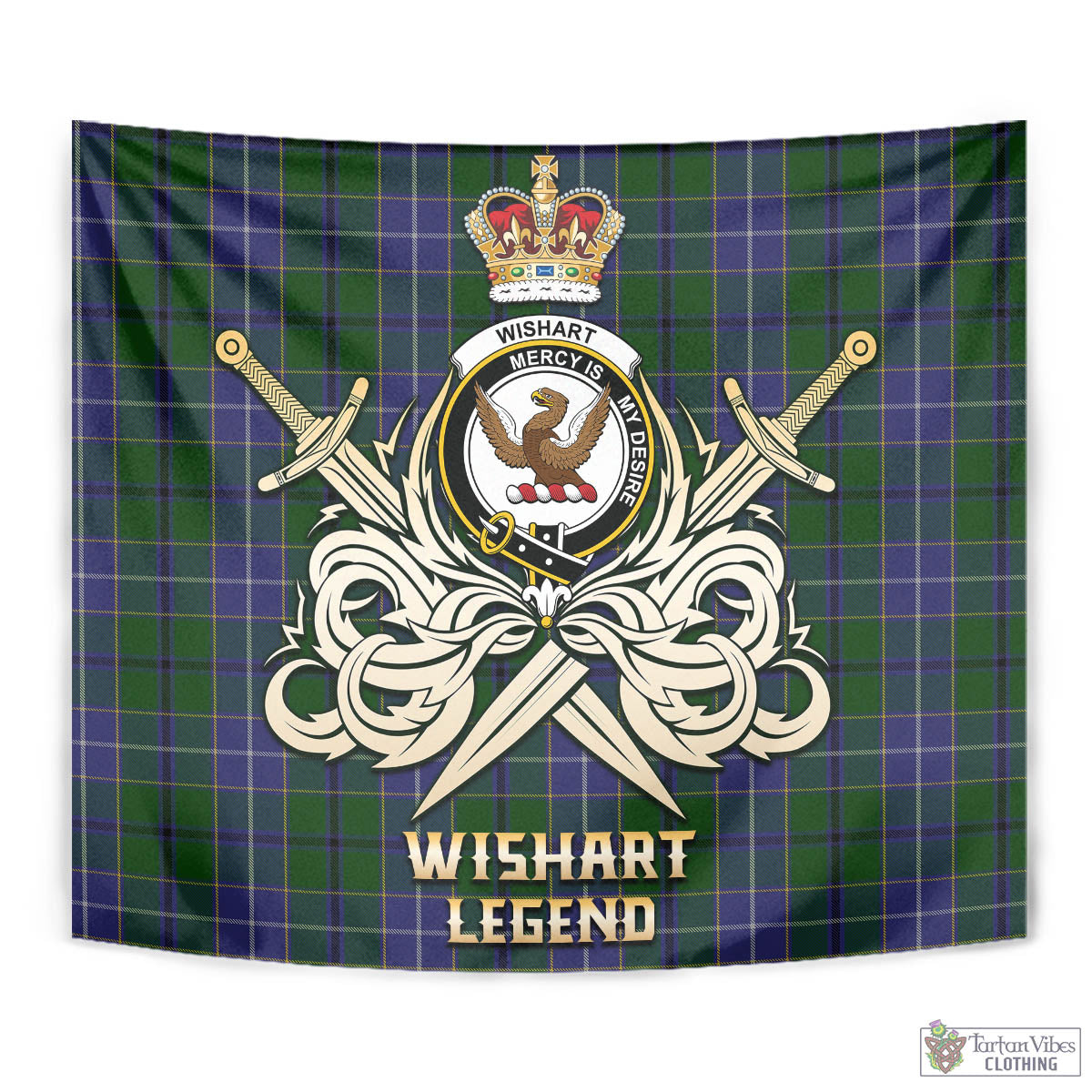 Tartan Vibes Clothing Wishart Hunting Tartan Tapestry with Clan Crest and the Golden Sword of Courageous Legacy