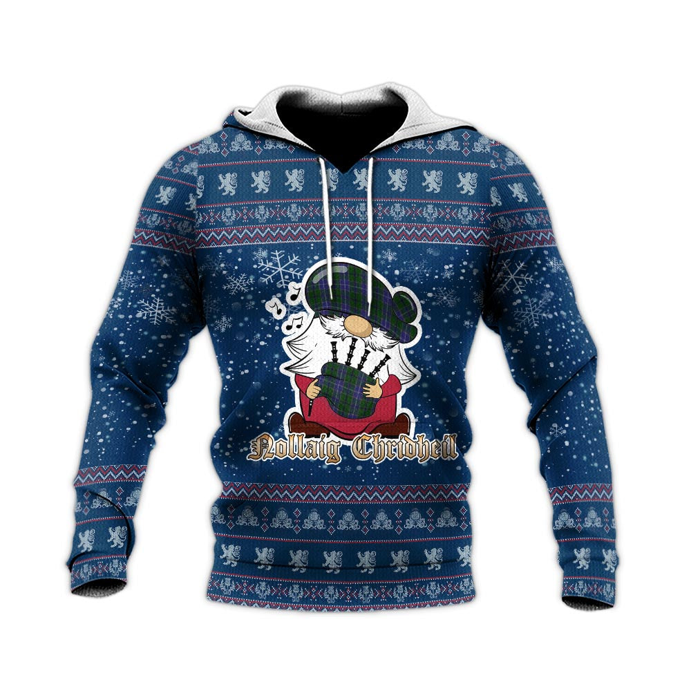 Wishart Hunting Clan Christmas Knitted Hoodie with Funny Gnome Playing Bagpipes - Tartanvibesclothing
