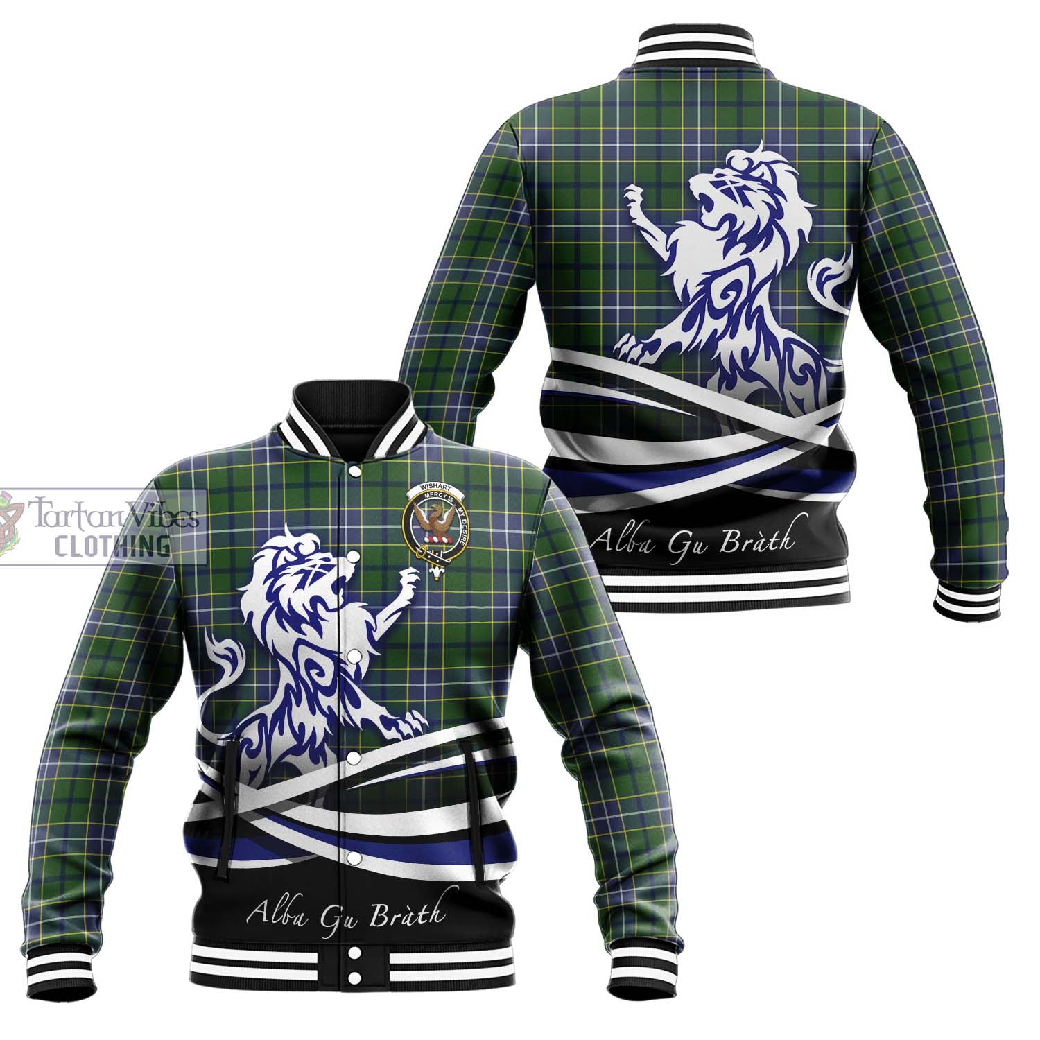 Tartan Vibes Clothing Wishart Hunting Modern Tartan Baseball Jacket with Alba Gu Brath Regal Lion Emblem