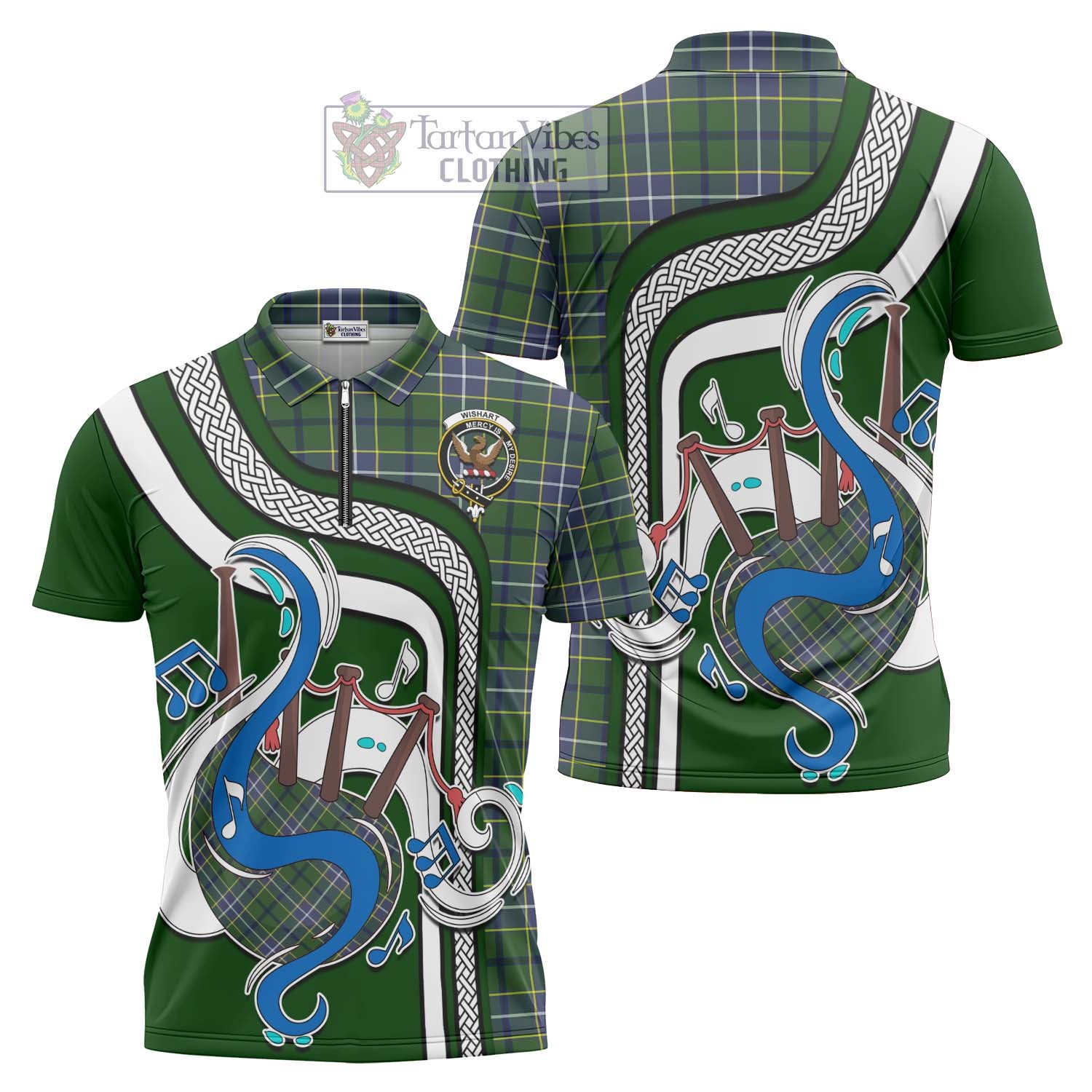 Tartan Vibes Clothing Wishart Hunting Modern Tartan Zipper Polo Shirt with Epic Bagpipe Style