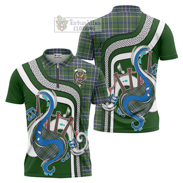 Wishart Hunting Modern Tartan Zipper Polo Shirt with Epic Bagpipe Style