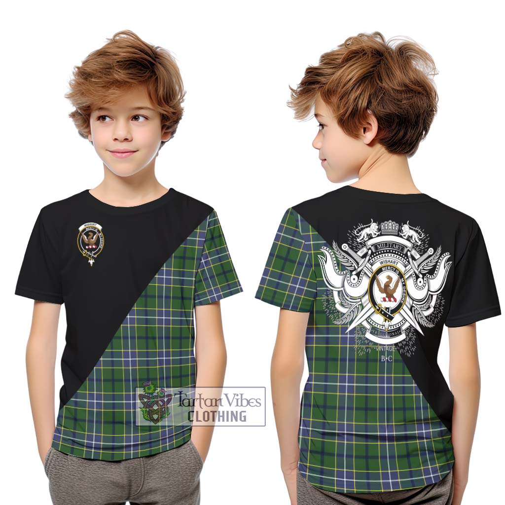 Tartan Vibes Clothing Wishart Hunting Modern Tartan Kid T-Shirt with Family Crest and Military Logo Style