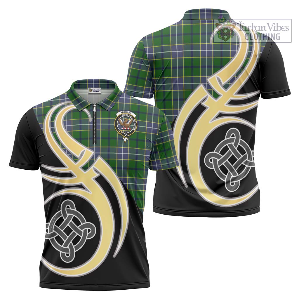 Tartan Vibes Clothing Wishart Hunting Modern Tartan Zipper Polo Shirt with Family Crest and Celtic Symbol Style