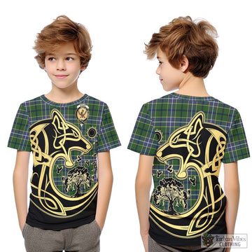 Wishart Hunting Modern Tartan Kid T-Shirt with Family Crest Celtic Wolf Style