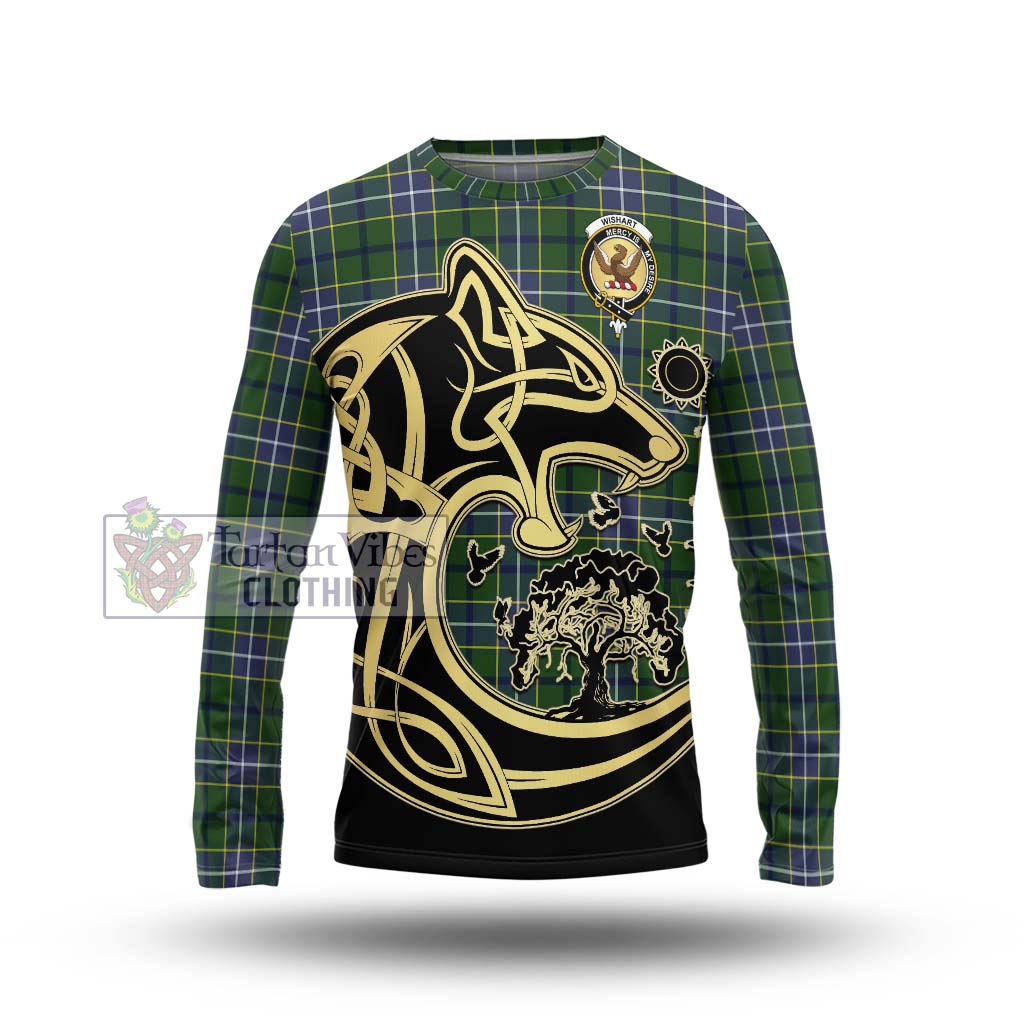 Tartan Vibes Clothing Wishart Hunting Modern Tartan Long Sleeve T-Shirt with Family Crest Celtic Wolf Style