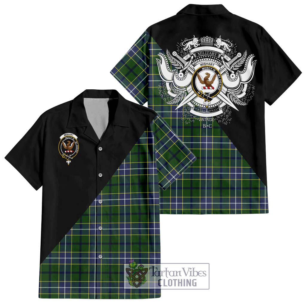 Tartan Vibes Clothing Wishart Hunting Modern Tartan Short Sleeve Button Shirt with Family Crest and Military Logo Style