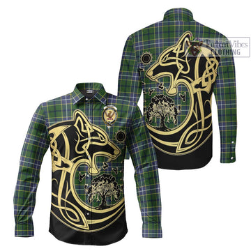 Wishart Hunting Modern Tartan Long Sleeve Button Shirt with Family Crest Celtic Wolf Style