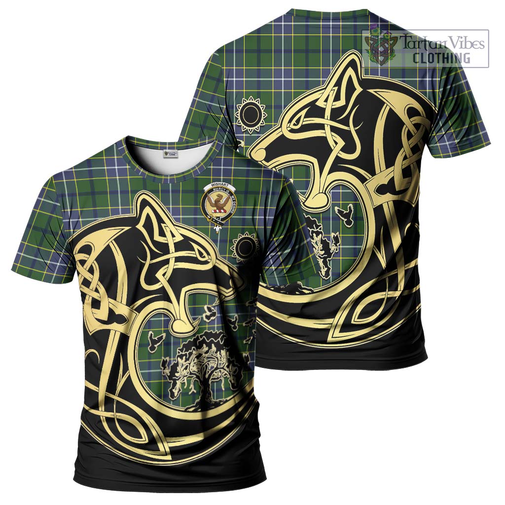 Tartan Vibes Clothing Wishart Hunting Modern Tartan T-Shirt with Family Crest Celtic Wolf Style