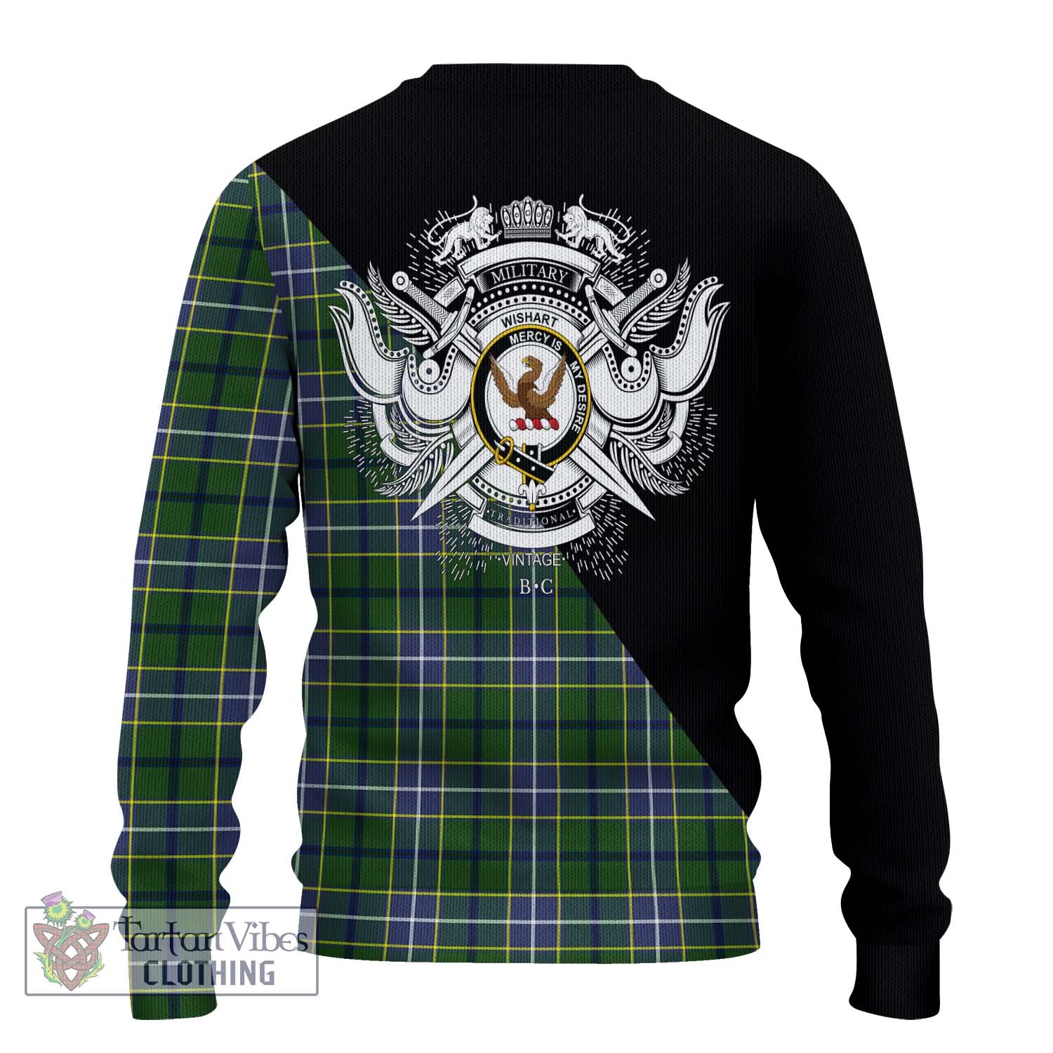 Tartan Vibes Clothing Wishart Hunting Modern Tartan Knitted Sweater with Family Crest and Military Logo Style