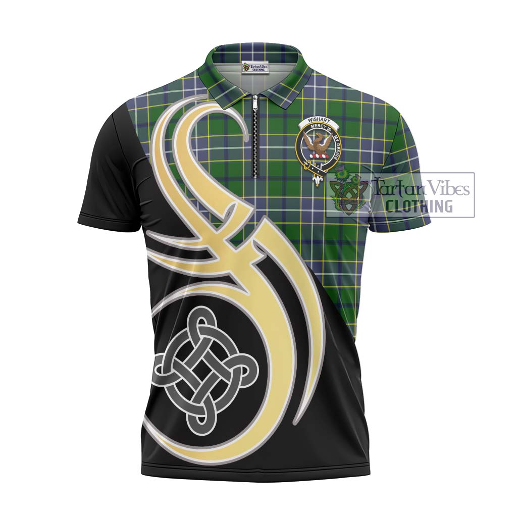 Tartan Vibes Clothing Wishart Hunting Modern Tartan Zipper Polo Shirt with Family Crest and Celtic Symbol Style