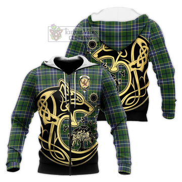 Wishart Hunting Modern Tartan Knitted Hoodie with Family Crest Celtic Wolf Style