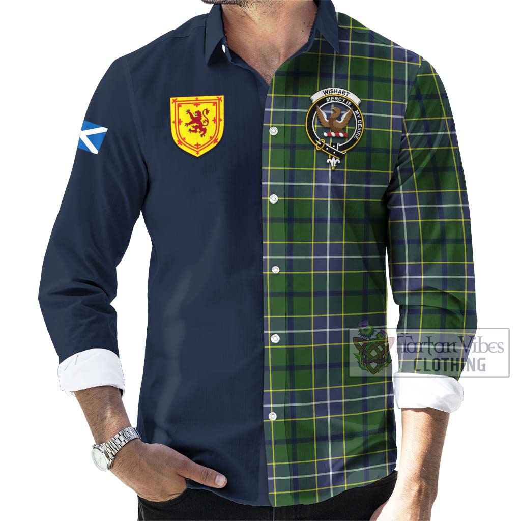 Tartan Vibes Clothing Wishart Hunting Modern Tartan Long Sleeve Button Shirt with Scottish Lion Royal Arm Half Style