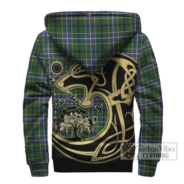 Wishart Hunting Modern Tartan Sherpa Hoodie with Family Crest Celtic Wolf Style