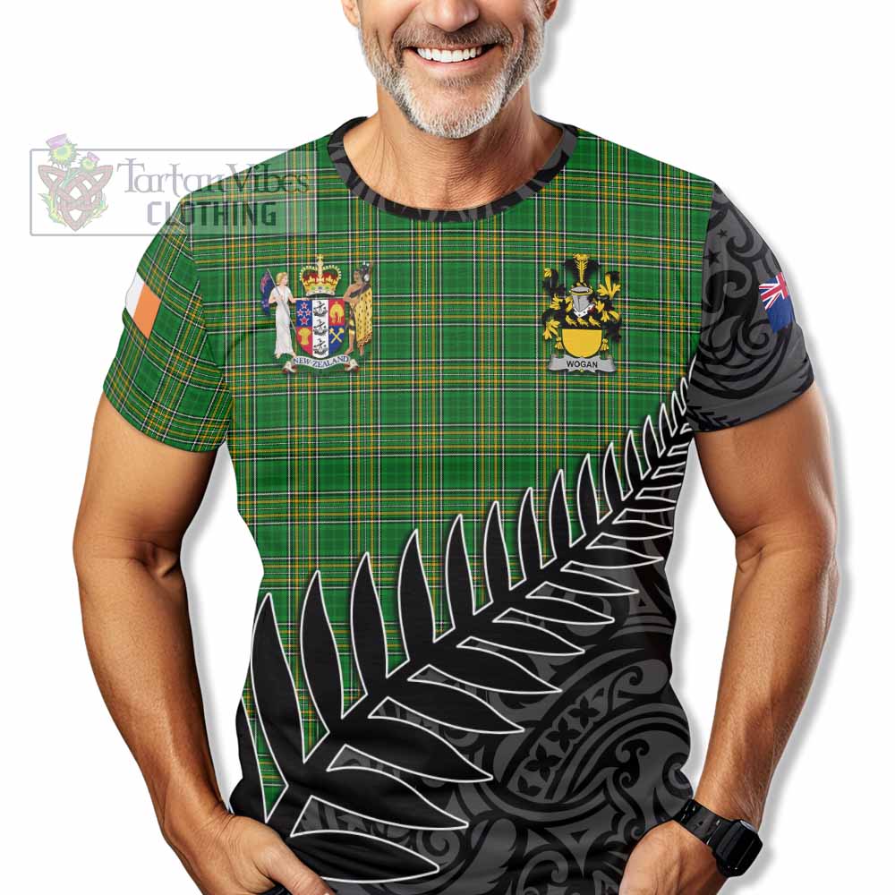 Tartan Vibes Clothing Wogan Irish Clan Tartan T-Shirt with Coat of Arms New Zealand Silver Fern Half Style