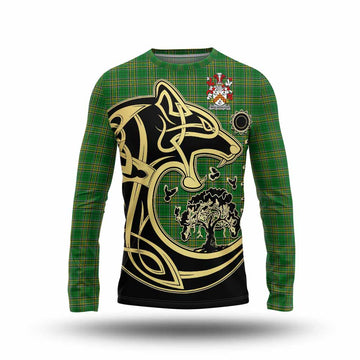 Wolverston Irish Tartan Long Sleeve T-Shirt with Coat of Arms Celtic Wolf Style Unisex - Tartan Vibes Clothing