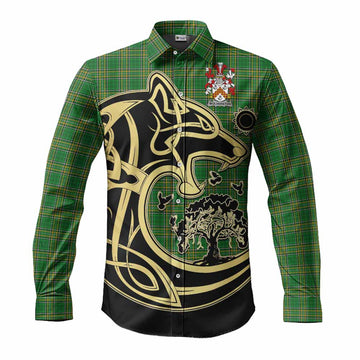 Wolverston Irish Tartan Long Sleeve Button Shirt with Coat of Arms Celtic Wolf Style Men's Shirt S - Tartan Vibes Clothing