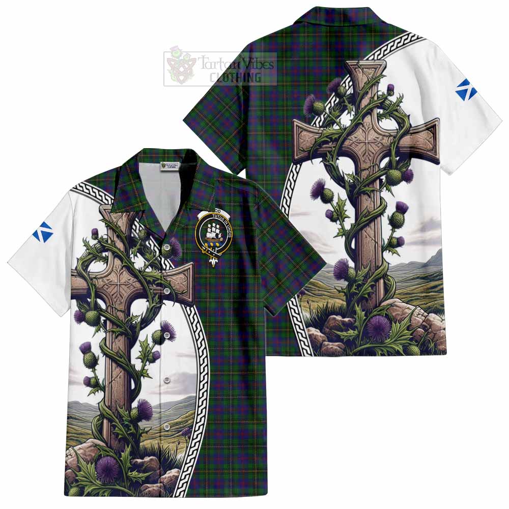 Tartan Vibes Clothing Wood Tartan Short Sleeve Button Shirt with Family Crest and St. Andrew's Cross Accented by Thistle Vines