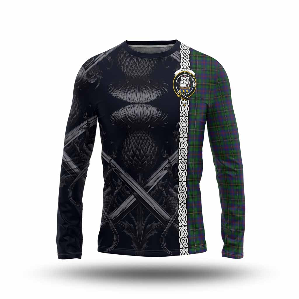 Tartan Vibes Clothing Wood Tartan Long Sleeve T-Shirt with Family Crest Cross Sword Thistle Celtic Vibes