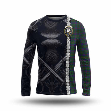 Wood Tartan Long Sleeve T-Shirt with Family Crest Cross Sword Thistle Celtic Vibes