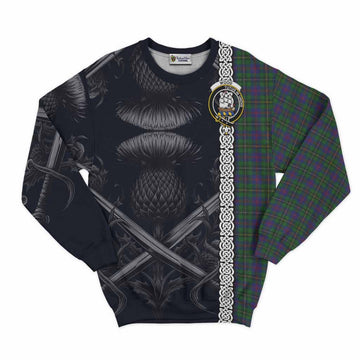 Wood Tartan Sweatshirt with Family Crest Cross Sword Thistle Celtic Vibes