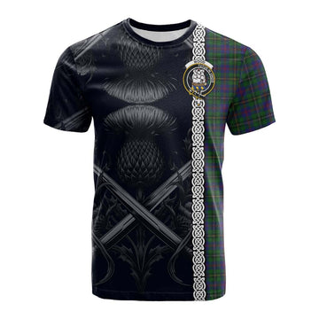 Wood Tartan Cotton T-shirt with Family Crest Cross Sword Thistle Celtic Vibes