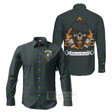 Wood Tartan Long Sleeve Button Shirt with Family Crest and Bearded Skull Holding Bottles of Whiskey