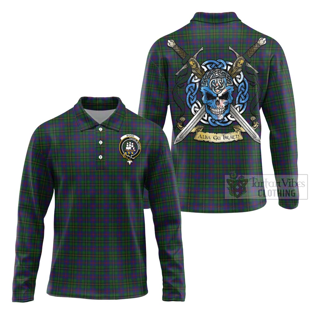 Tartan Vibes Clothing Wood Tartan Long Sleeve Polo Shirt with Family Crest Celtic Skull Style