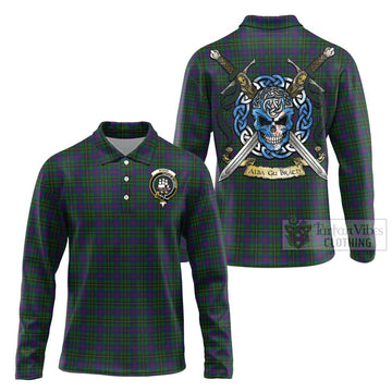 Wood Tartan Long Sleeve Polo Shirt with Family Crest Celtic Skull Style