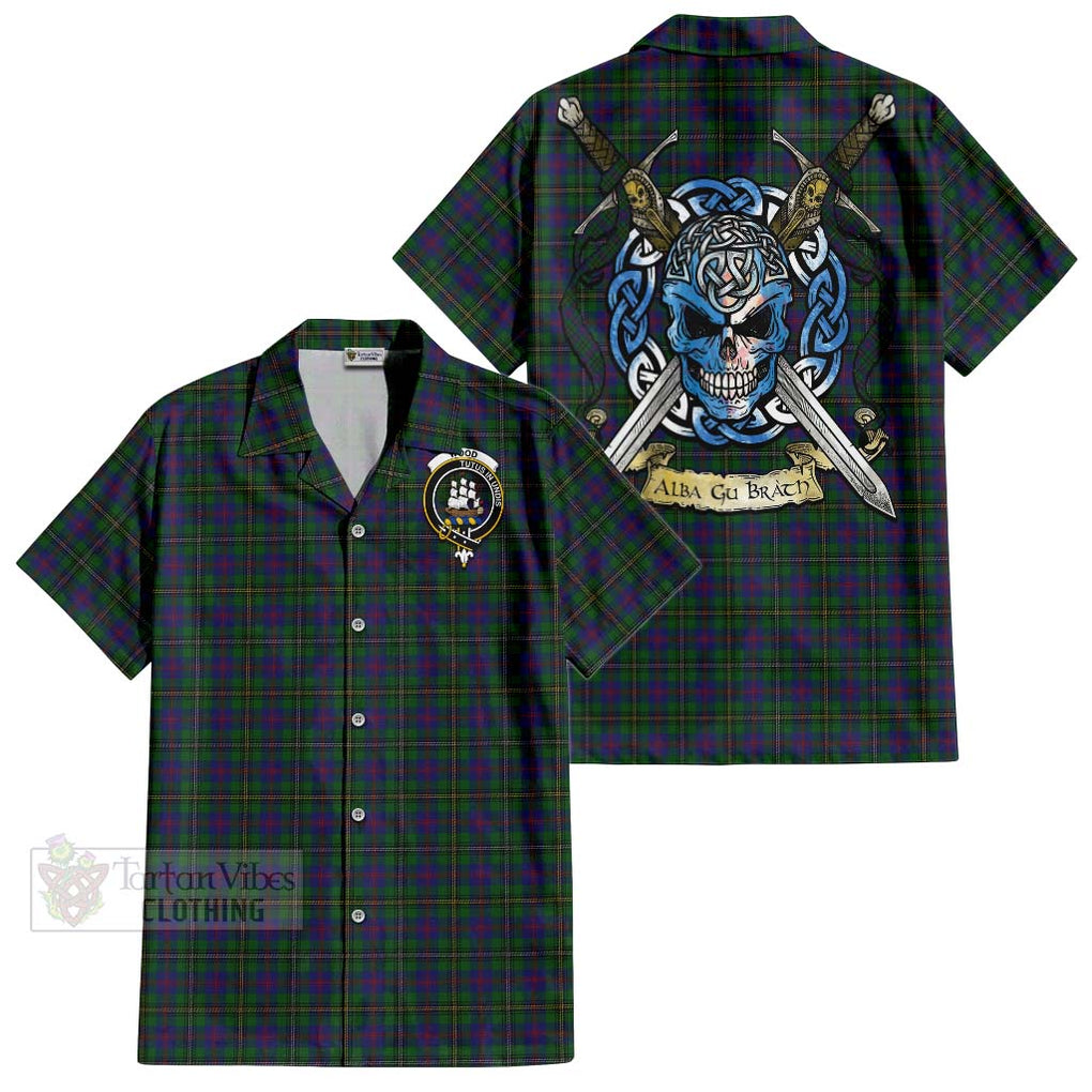 Tartan Vibes Clothing Wood Tartan Short Sleeve Button Shirt with Family Crest Celtic Skull Style