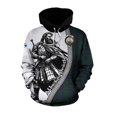 Wood Tartan Clan Crest Cotton Hoodie with Highlander Warrior Celtic Style