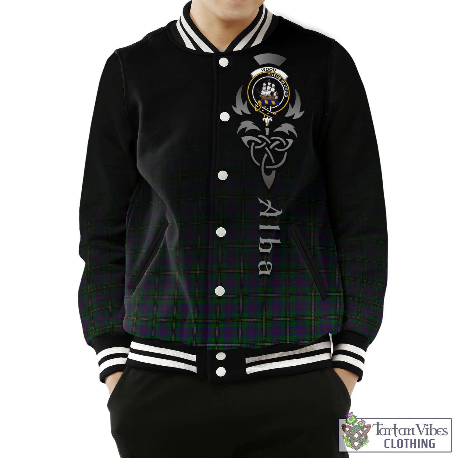 Tartan Vibes Clothing Wood Tartan Baseball Jacket Featuring Alba Gu Brath Family Crest Celtic Inspired