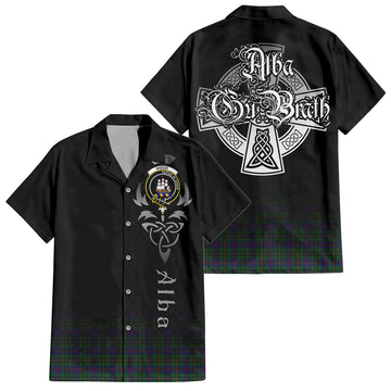 Wood Tartan Short Sleeve Button Up Shirt Featuring Alba Gu Brath Family Crest Celtic Inspired