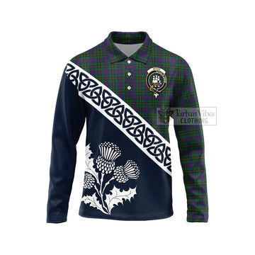 Wood Tartan Long Sleeve Polo Shirt Featuring Thistle and Scotland Map