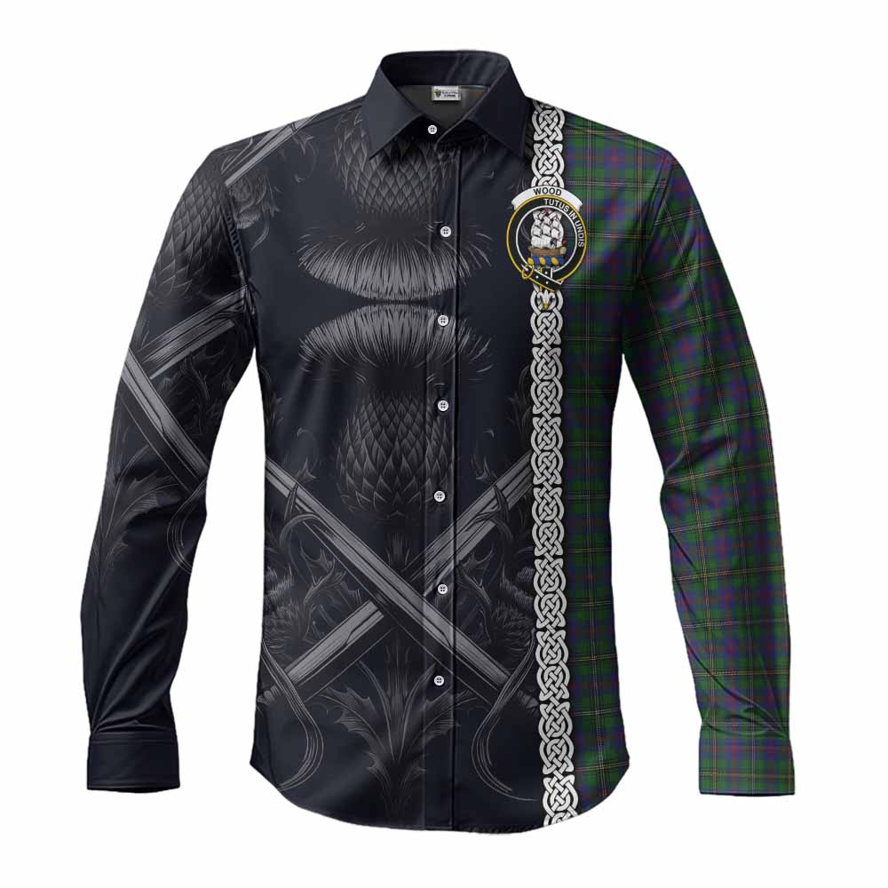 Wood Tartan Long Sleeve Button Shirt with Family Crest Cross Sword Thistle Celtic Vibes Men's Shirt S - Tartan Vibes Clothing