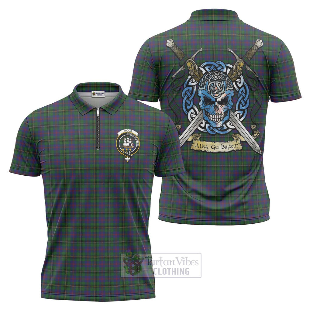 Tartan Vibes Clothing Wood Tartan Zipper Polo Shirt with Family Crest Celtic Skull Style