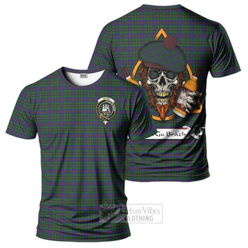 Wood Tartan T-Shirt with Family Crest and Bearded Skull Holding Bottles of Whiskey