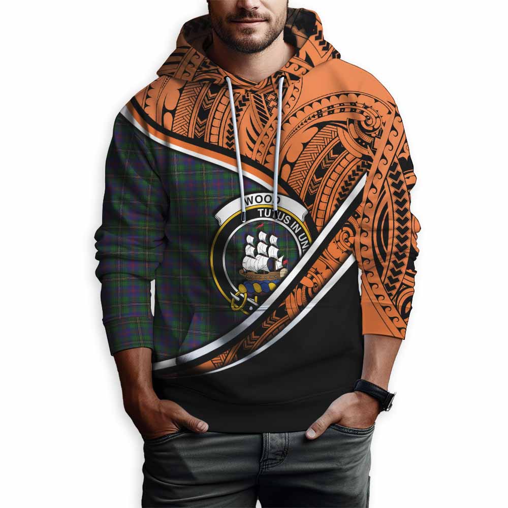 Tartan Vibes Clothing Wood Crest Tartan Hoodie with Maori Tattoo Style - Orange Version