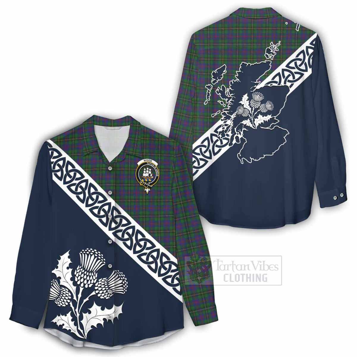 Wood Tartan Women's Casual Shirt Featuring Thistle and Scotland Map - Tartan Vibes Clothing